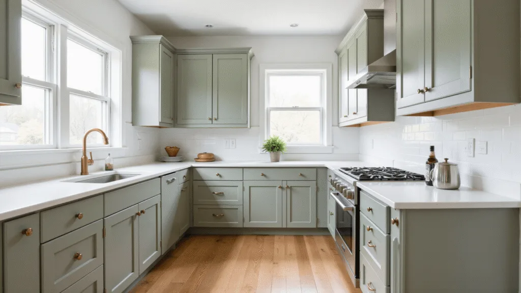 "Modern minimalist kitchen with sage green shaker style cabinets, white quartz countertops, brass hardware, warm oak flooring and natural light streaming through windows"