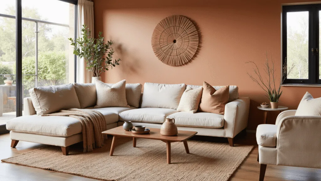 "Sunlit living room with earthy tones featuring a plush oatmeal sectional sofa, clay-colored walls, natural rugs, walnut coffee table, and organic decor accents."
