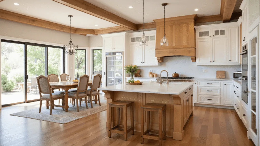 "Farmhouse style sunlit hickory kitchen with natural wood grain, marble countertops, vintage accents under golden hour warm tones"