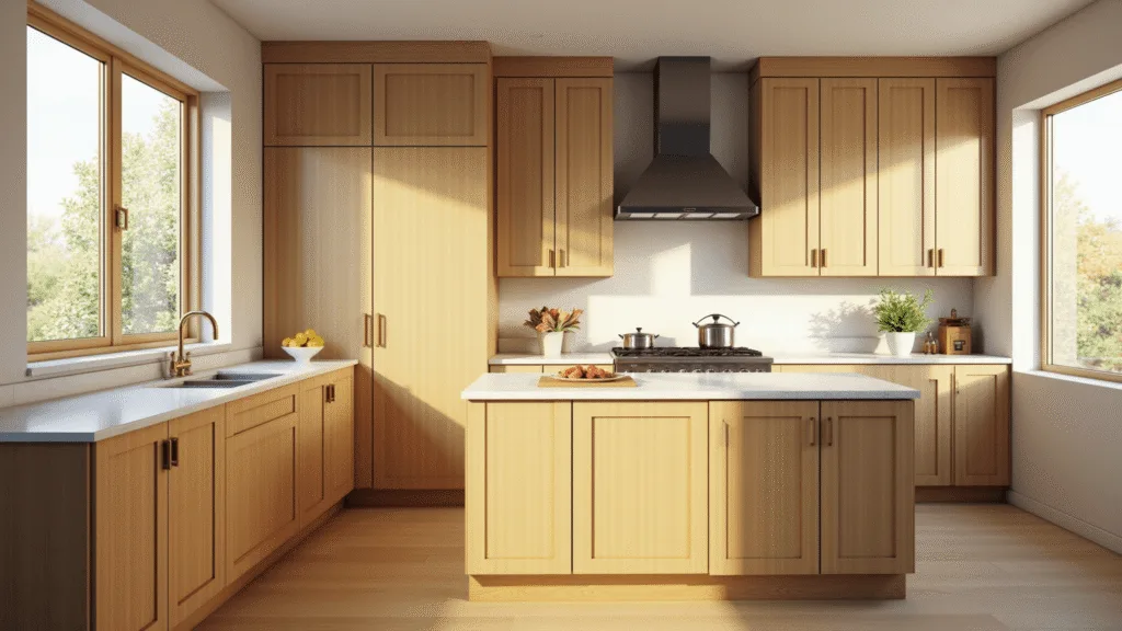 "Sunlit modern kitchen with natural oak cabinets, brass handles, white quartz countertops, and large windows"