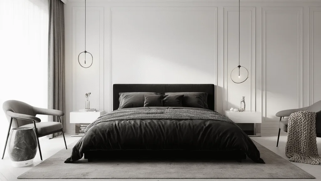 "Black and white bedroom design with textured layers, velvet pillows, silk sheets, knit throws, and marble accents on a clean background"