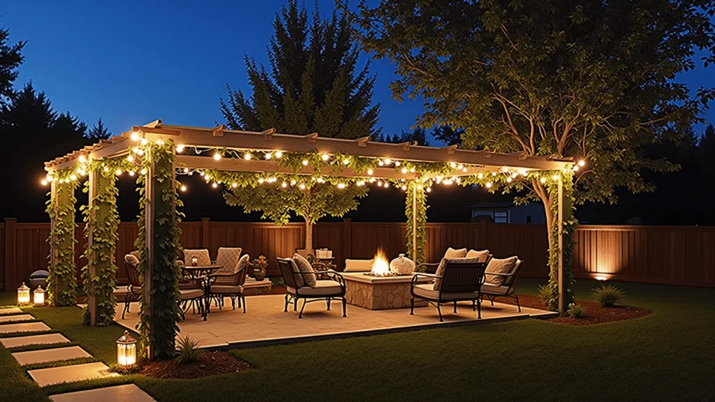 "Backyard patio at twilight with warm Edison string lights, illuminated pergola, copper lanterns on stone pathways, uplit trees, modern lounge furniture around a fire pit"