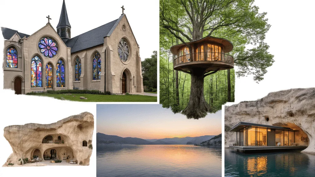 "Collage of unique homes including a converted church, a modern treehouse, a Cappadocian cave dwelling, and a floating cabin on white background"