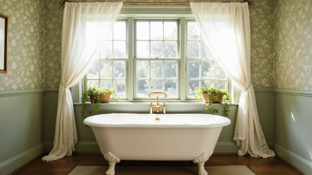 "Vintage clawfoot tub in a sunlit bathroom with sage green floral walls, brass fixtures, trailing ivy in macramé planters, and a Persian rug on weathered oak floors"