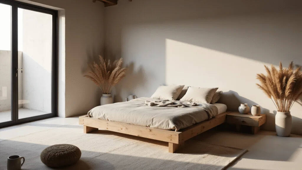 "A serene minimalist bedroom with a low wooden bed, natural linen bedding, weathered ceramics, dried pampas grass, and a potted plant near floor-to-ceiling windows"