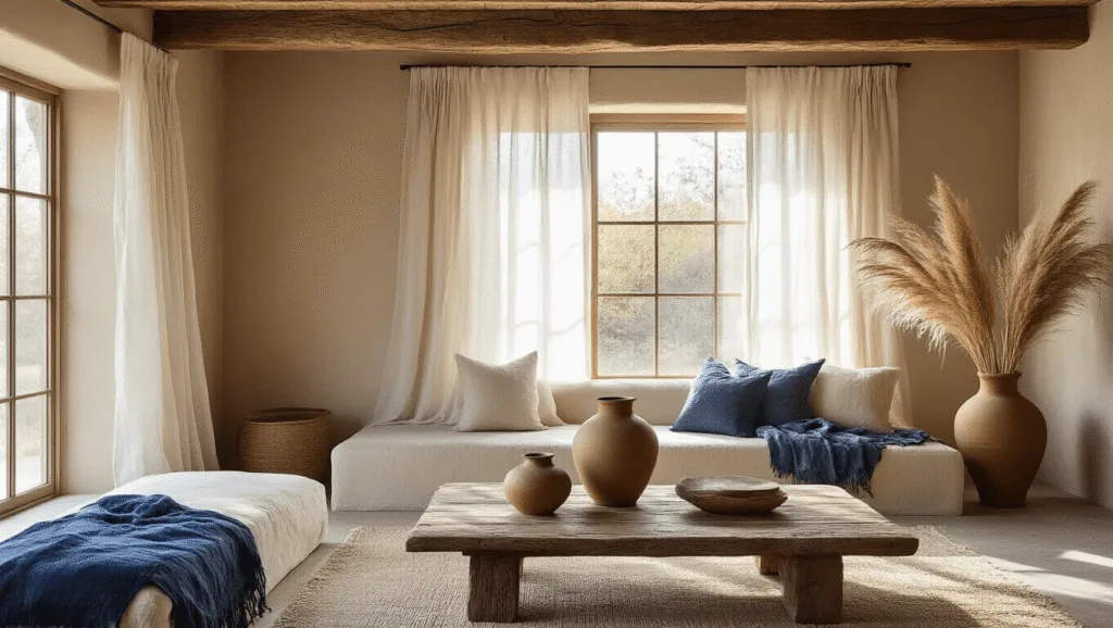 "Handmade ceramics and weathered wood features in a serene, wabi-sabi inspired living room lit by natural sunlight."