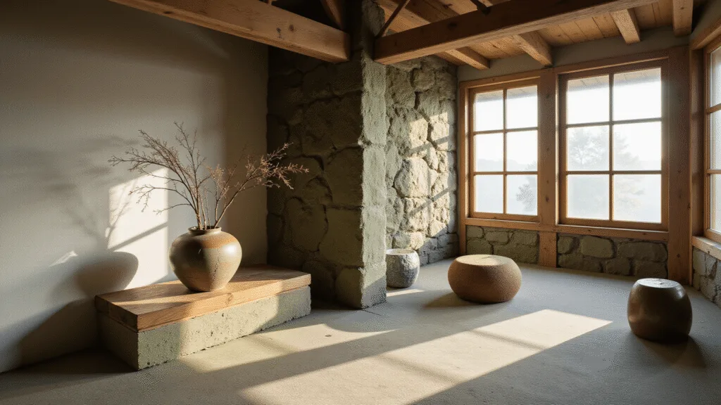 "Serene Japanese-inspired living'space with weathered beams, stone walls, ceramic vessels, asymmetrical furniture in earthy tones, and ikebana arrangement in a cracked vase near a washi paper-screened window"