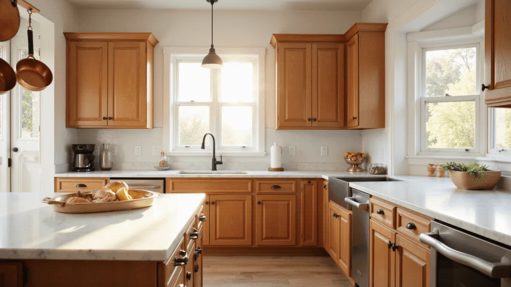 "Sunlit farmhouse kitchen with honey oak cabinets, white marble countertops, and copper cookware hanging during golden hour"