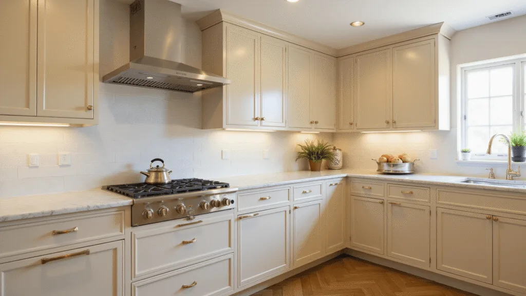 "Beige kitchen cabinets in a sunlit interior with marble countertops, brass hardware, herringbone floors, and morning light streaming through windows"