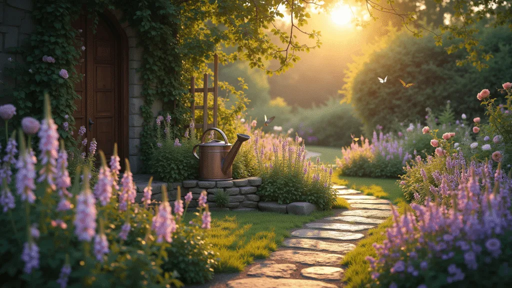"Vintage cottage garden at sunset with winding flagstone path, blooming flowers, and watering can"