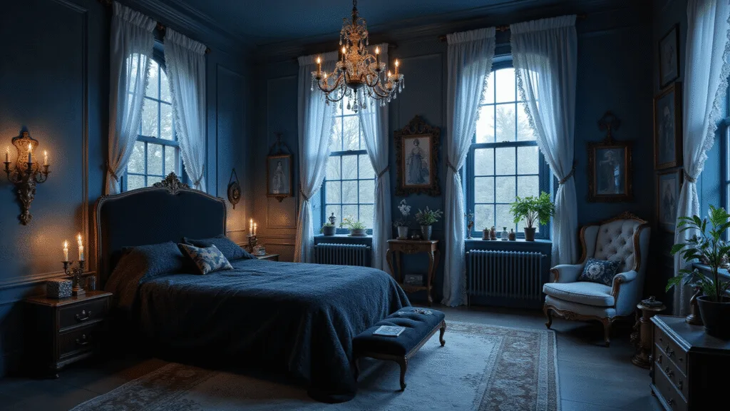 "Victorian gothic bedroom with black velvet bed, midnight blue walls, white lace curtains, ornate chandelier, celestial accents, and warm candlelight."