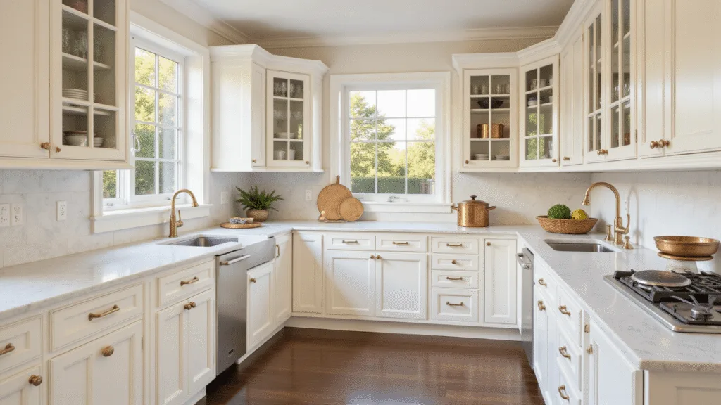 "Elegant white kitchen with inset cabinets, Carrara marble countertops, and brass hardware in golden hour sunlight"