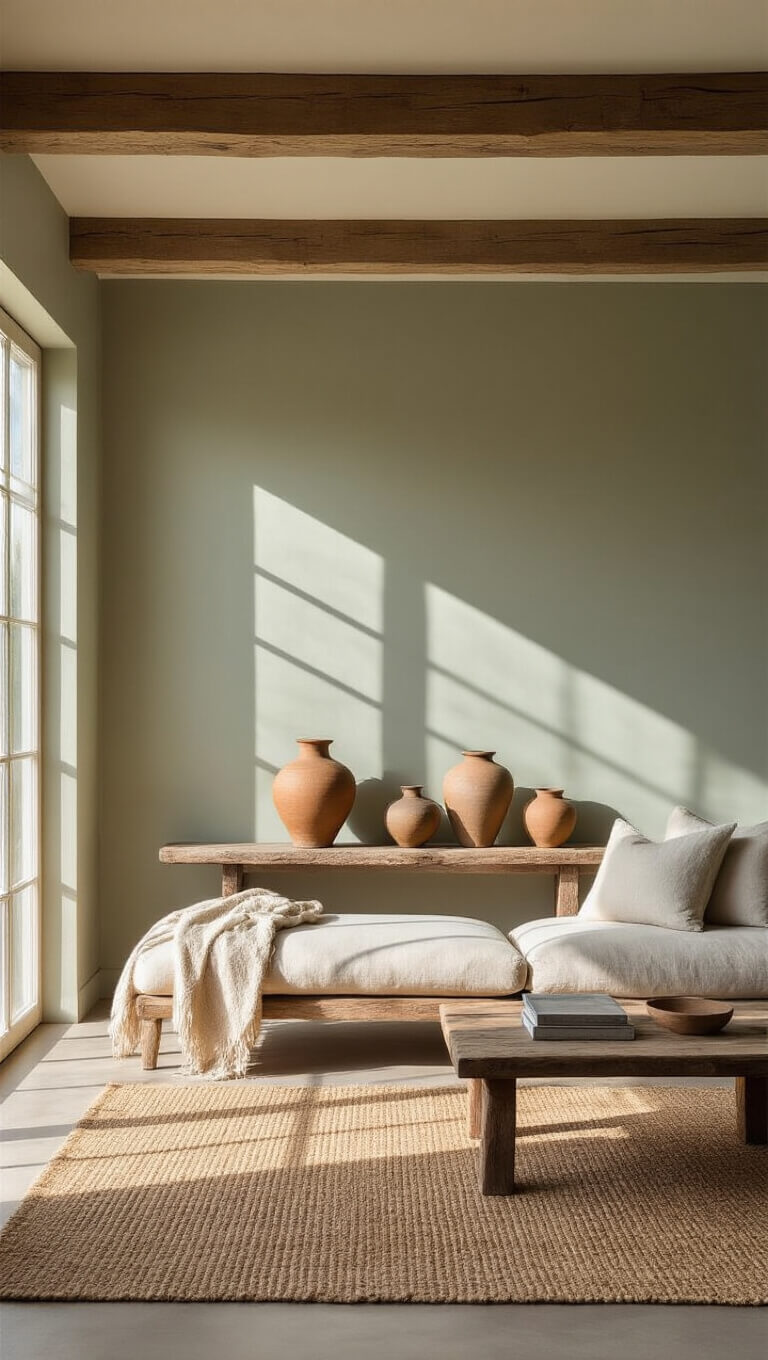 Minimalist sunlit living room with linen sofa, weathered wood console, wabi sabi pottery, and sage green walls, bathed in warm golden hour light.