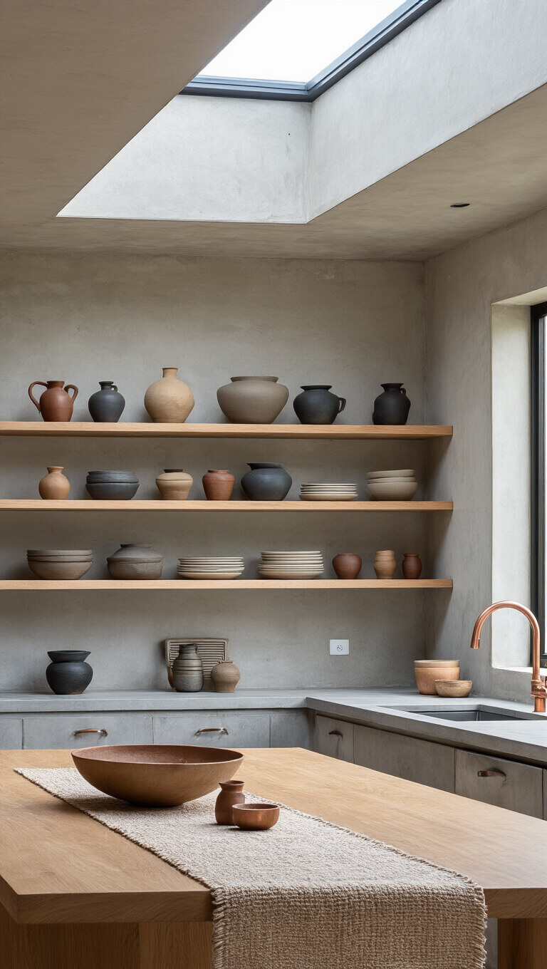Modern 8x10ft kitchen with concrete countertops, floating oak shelves displaying wabi sabi pottery in neutral tones, soft twilight from skylight, copper accents, and handwoven table runner.