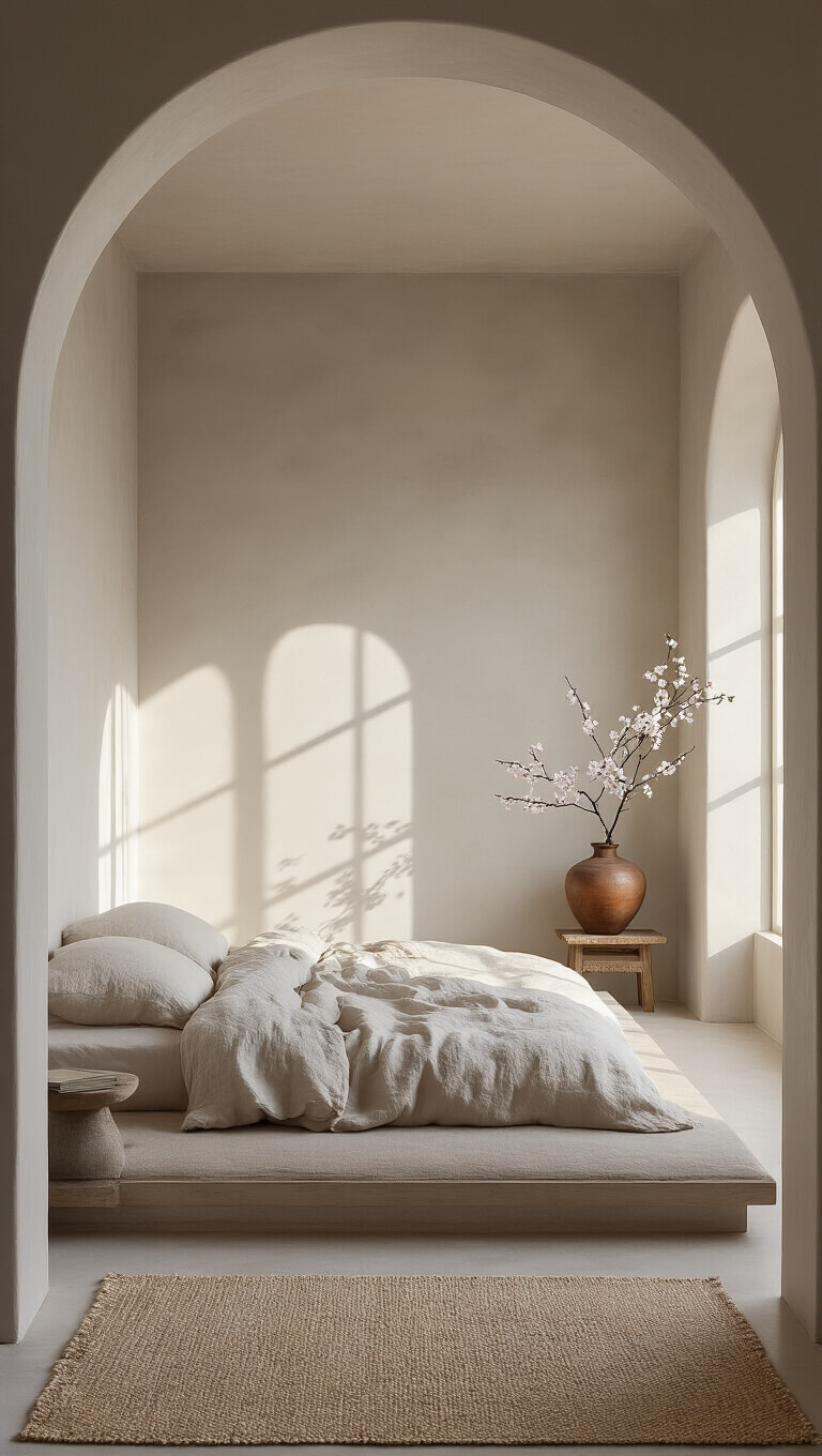 Serene 12x14ft bedroom with arched doorway, dawn light casting soft shadows, low platform bed in rumpled natural linen, wabi sabi vessel with cherry blossom on bedside table, pale mushroom gray plaster walls, handwoven wool rug, viewed from elevated corner angle.