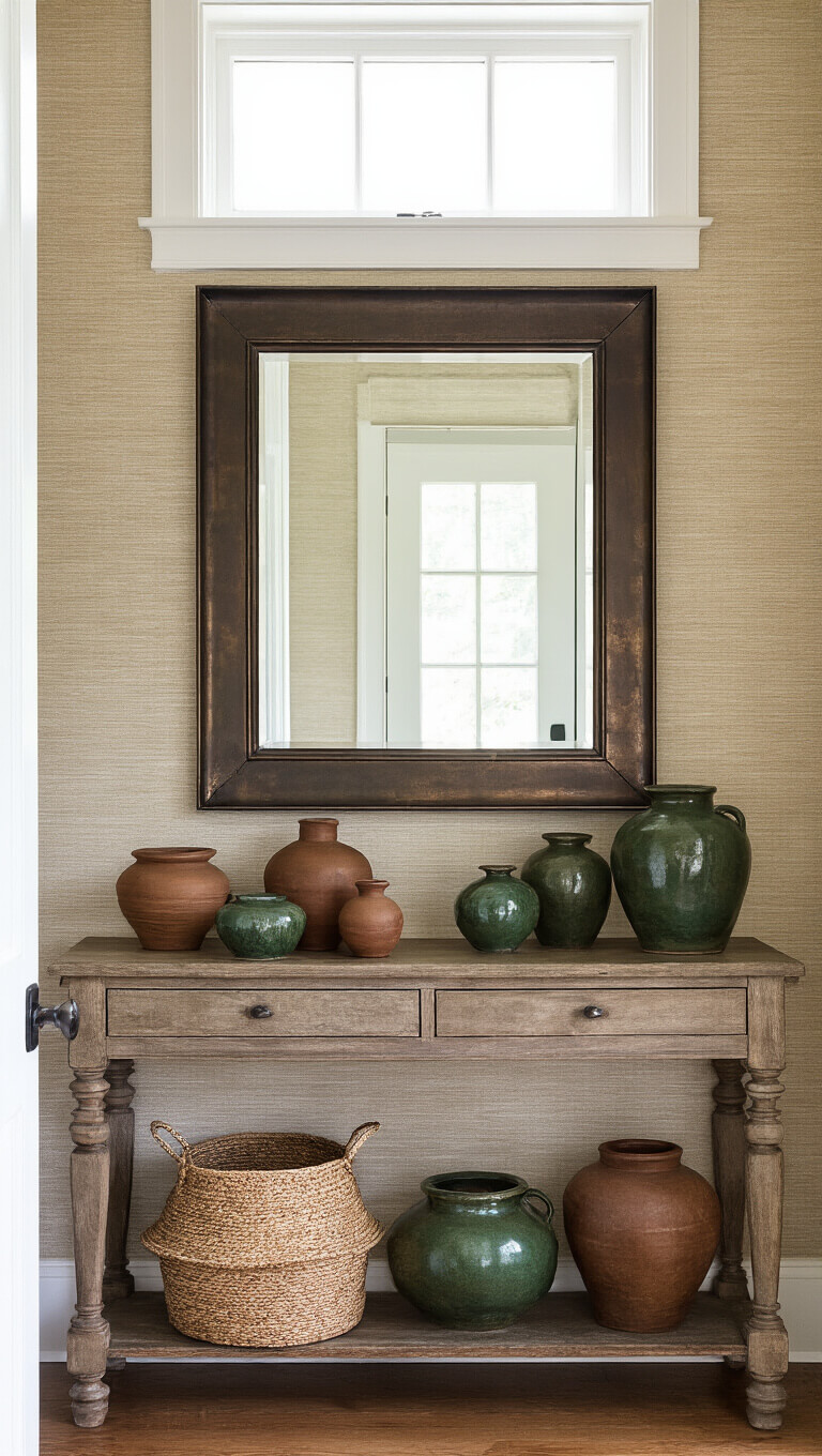 Vintage-style 6x8ft entryway with weathered bronze mirror above console reflecting ceramic collection; midday light from transom window highlights grasscloth wallpaper.
