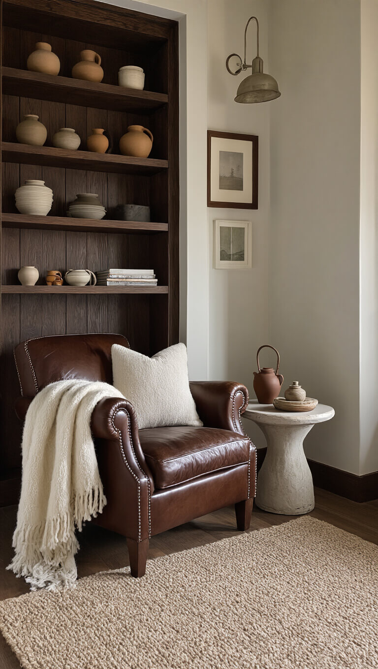 Cozy 7x9ft reading nook at dusk with vintage leather armchair, ceramic side table holding wabi sabi tea set, ivory wool throw, and dark wood shelves displaying pottery collection.