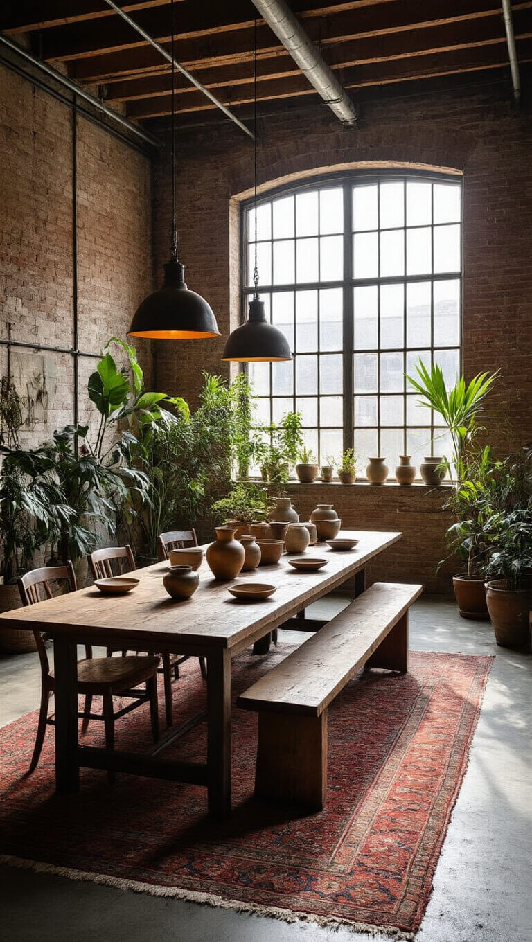 Wide-angle view of an industrial wabi-sabi loft with dramatic afternoon light, featuring a long communal table set with mismatched ceramics, exposed brick walls, concrete floors with vintage rugs, and handmade planters with lush greenery.