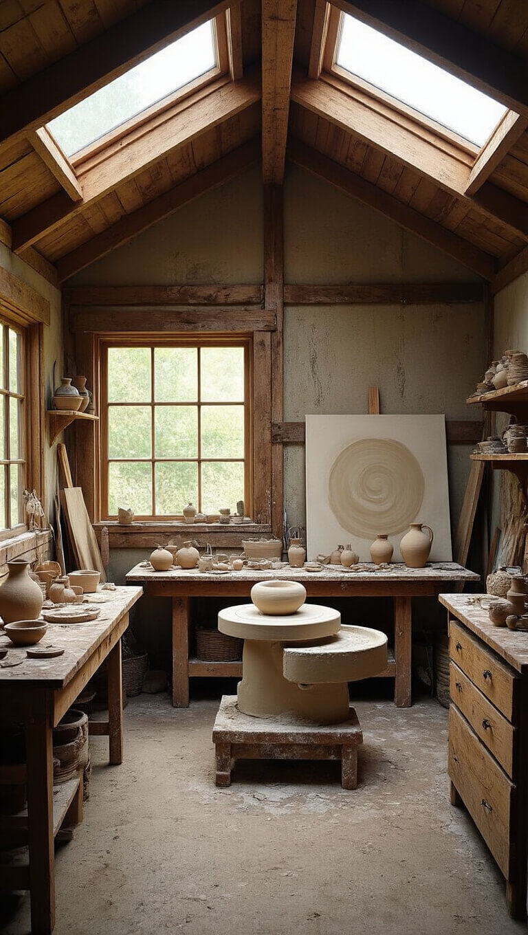 Overhead view of a rustic 12x14ft artist's studio with skylight, potter's wheel, wabi-sabi clay pieces, splattered wooden workbench, and textured canvas drop cloths.