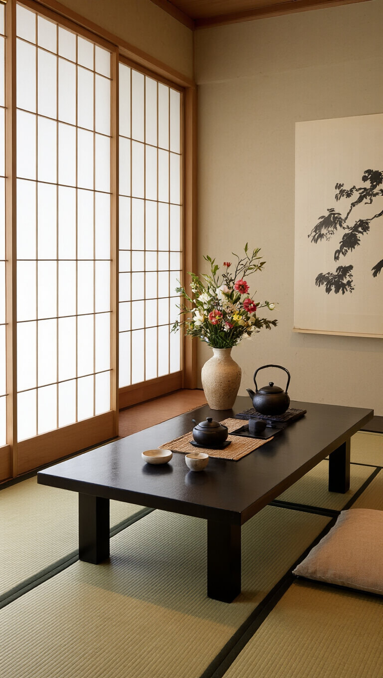 Traditional Japanese tea room with tatami flooring, low table set for tea ceremony, soft light through paper screens, ink painting on wall, and seasonal flower in handmade vase.