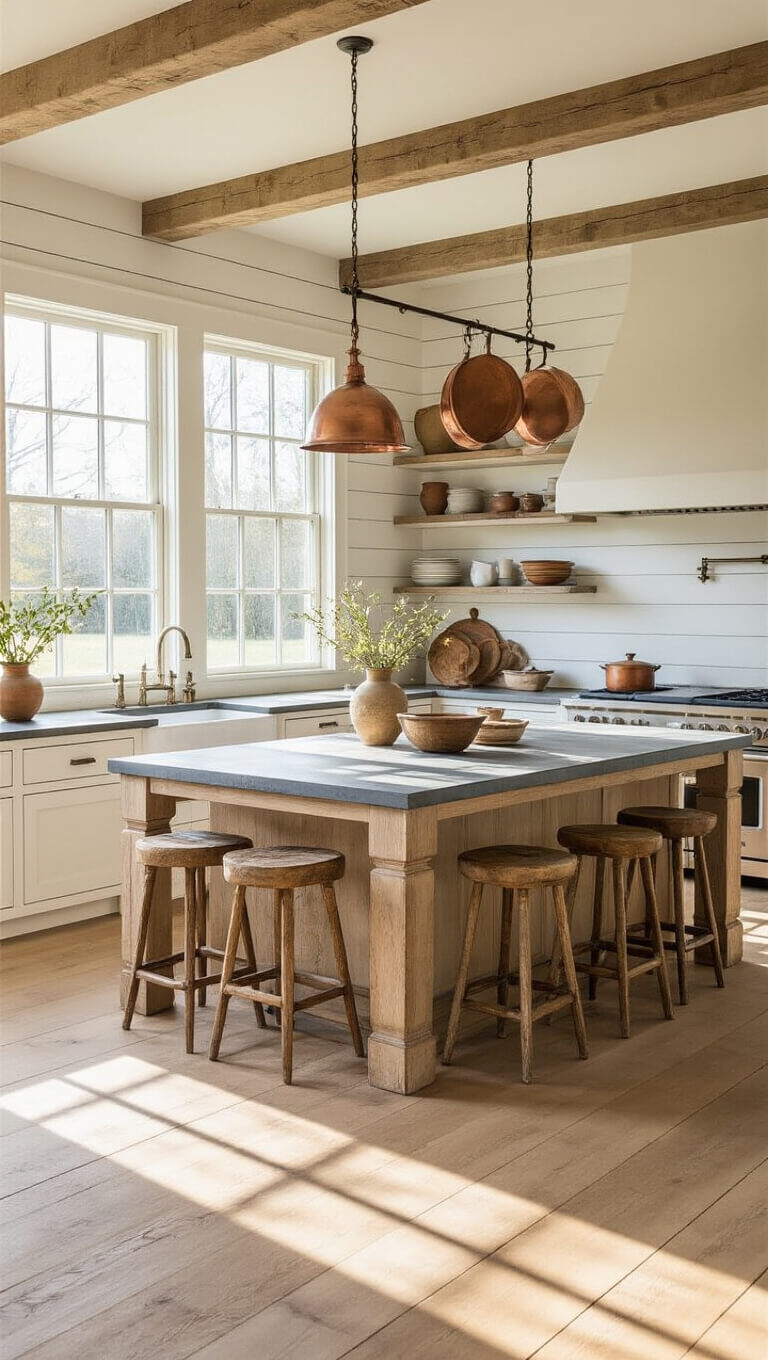 Farmhouse kitchen with white oak floors, Alabaster shiplap walls, zinc island, copper pots, and morning light streaming through east-facing windows.