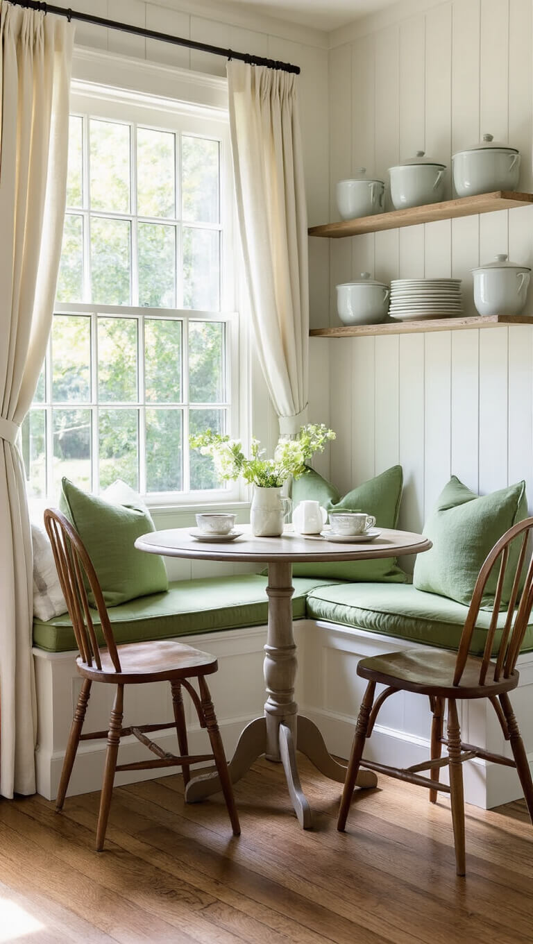 Cozy breakfast nook with white walls, sage green cushioned window seat, round oak table, Windsor chairs, vintage enamelware on shelves, and linen cafe curtains filtering warm afternoon light.