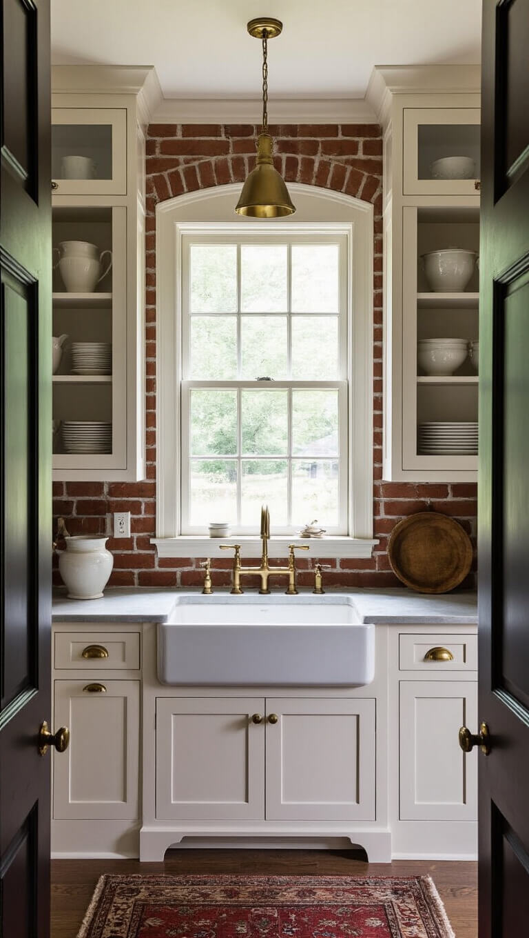 Dramatic 6x12ft butler's pantry with tall Dover White cabinets, brass hardware, deep farmhouse sink under window, open shelving displaying ironstone and aged copper, muted red painted brick backsplash, and moody lighting with strong shadows.