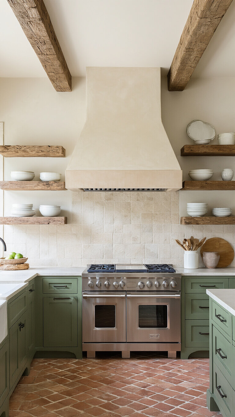 Elevated view of sunlit kitchen with sage green lower cabinets, white uppers, large limestone range hood, reclaimed wood shelves, and terra cotta herringbone tile floor.