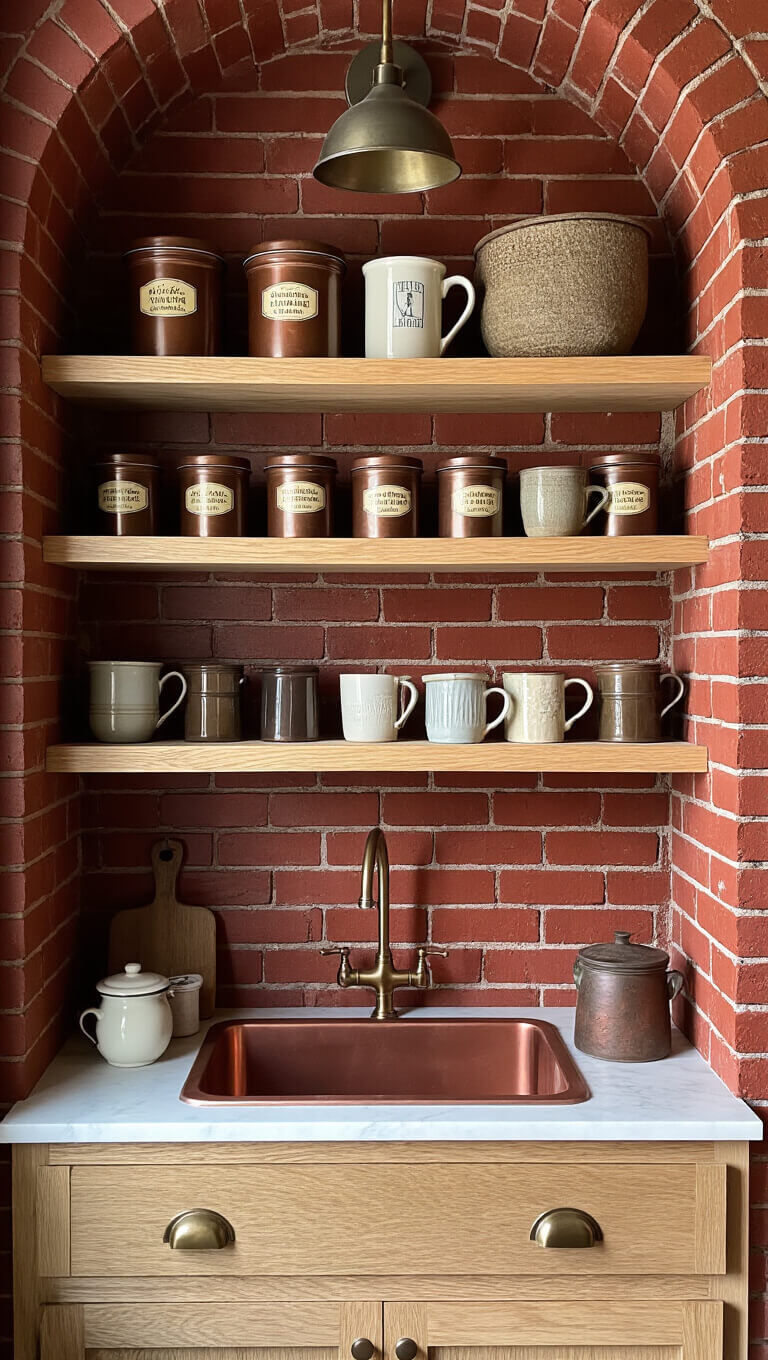 Cozy 5x7ft coffee station alcove with Burning Bush red brick wall, white oak shelves holding vintage tins and pottery mugs, copper prep sink with aged brass faucet, side-lit for dramatic shadows and textured detail.