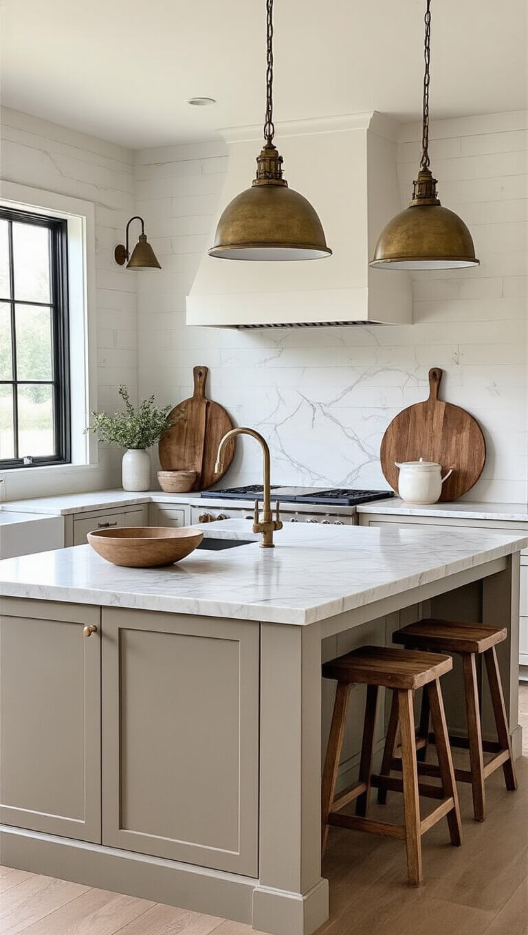 Modern farmhouse kitchen island with greige base, thick marble top, and aged brass pendant lights, styled with vintage cutting boards and natural rim lighting.