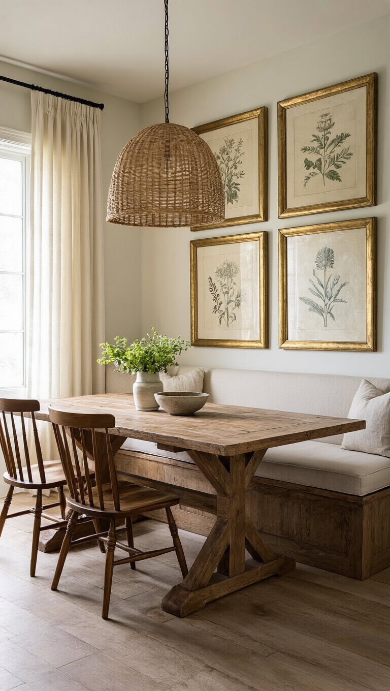Rustic corner dining area with reclaimed pine trestle table, Windsor chairs, cream linen banquette, vintage botanical gallery wall, and woven pendant light glowing in golden hour.