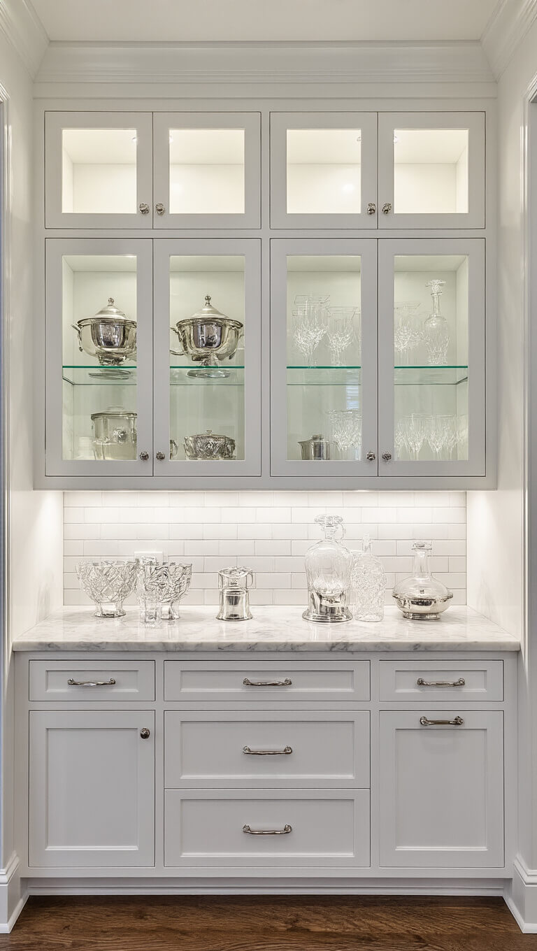 Elegant butler's prep area with white floor-to-ceiling glass-front cabinets, marble counters, vintage silver displayed, and crystal decanters shimmering in dramatic side lighting.