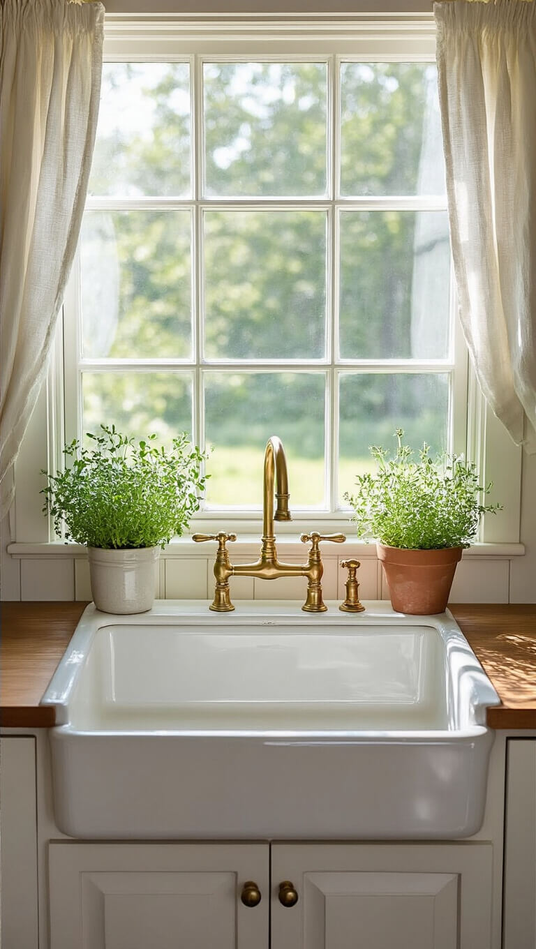 Close-up of brass bridge faucet on white farmhouse sink with potted herbs on windowsill and soft light through cafe curtains.