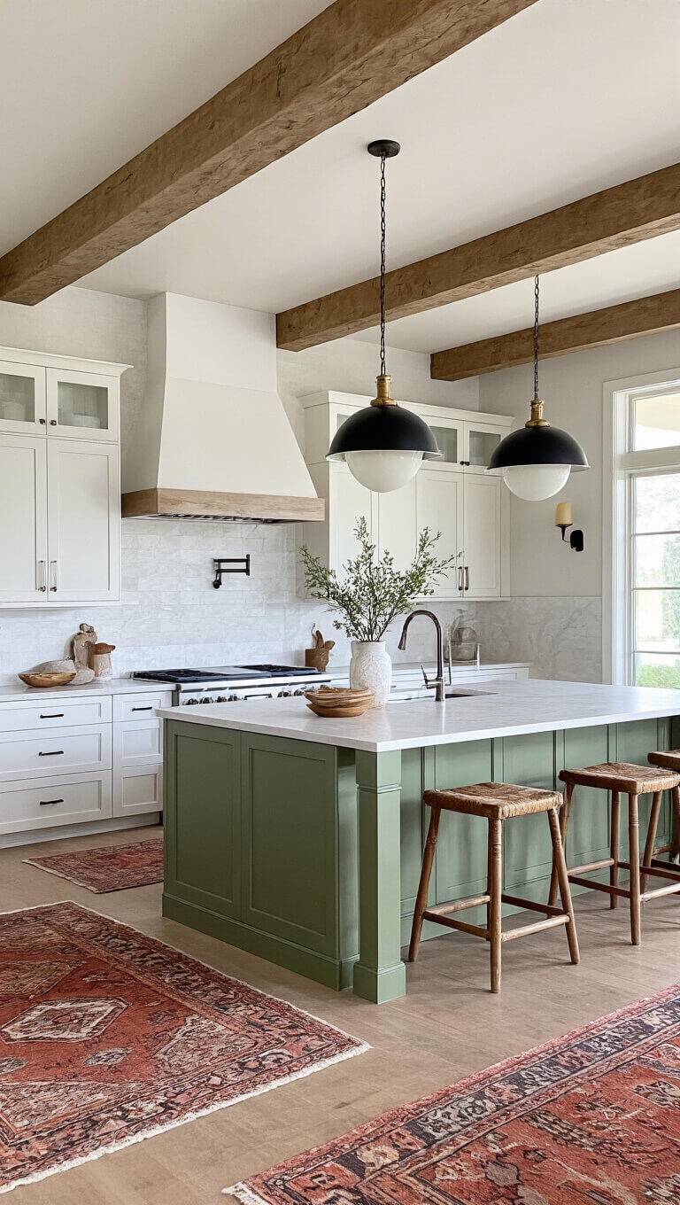 Open-concept kitchen-dining area with sage green island, white cabinets, exposed ceiling beams, antique rugs, and mixed modern and vintage lighting, viewed from elevated corner in natural light.