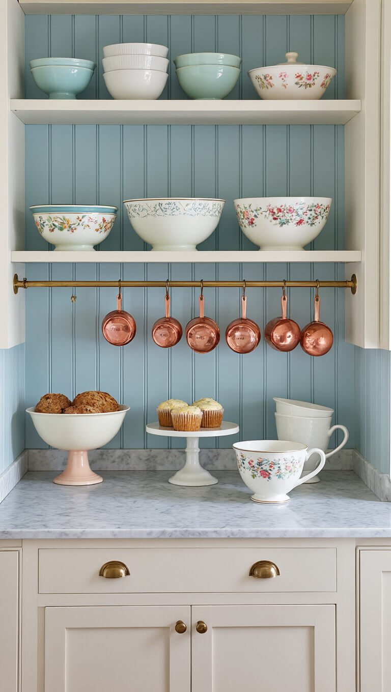 Intimate 6x8ft baking station with marble countertop, vintage mixing bowls and cake stands on open shelves, soft blue beadboard backsplash, copper measuring cups hanging from brass rail, softly lit with detailed textures.