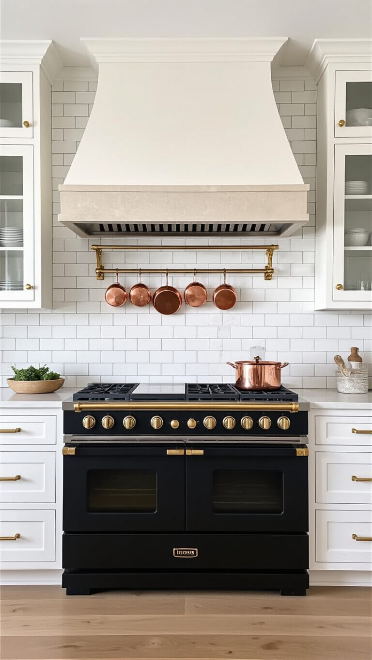 Symmetrical kitchen with matte black range, limestone hood, brass pot rail with copper cookware, flanked by glass-front cabinets, and subway tile backsplash to ceiling.