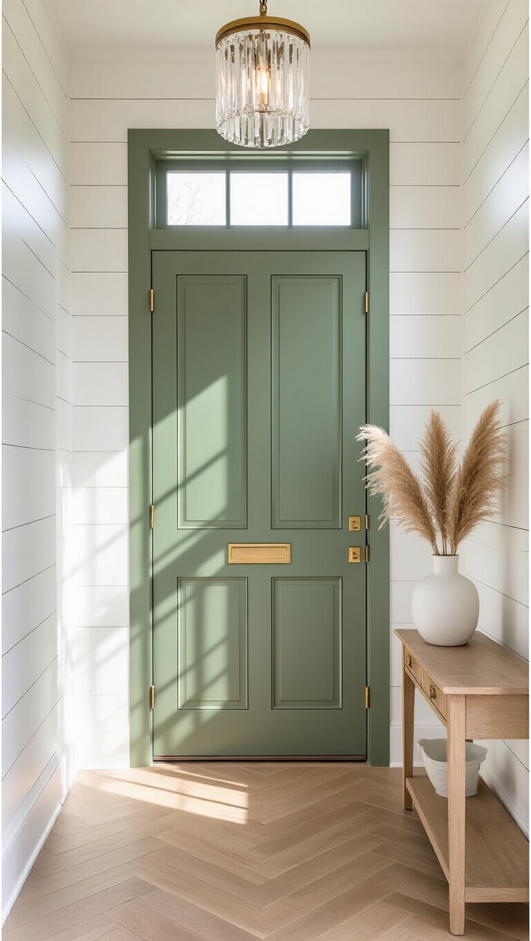 Modern entryway with tall sage green door, white shiplap walls, oak herringbone floors, and crystal pendant light at golden hour.