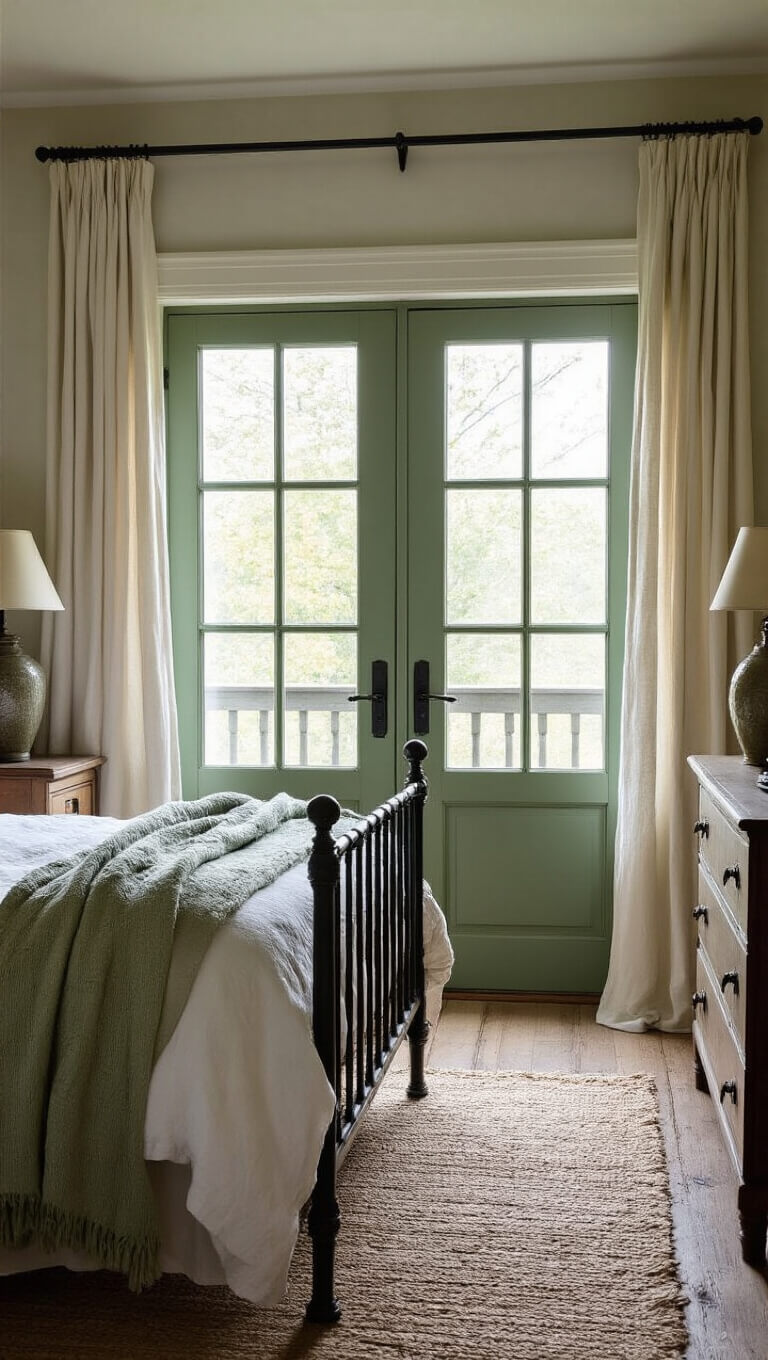 Moody cottage bedroom at dusk with sage green French doors, vintage brass bed, layered white and sage linens, weathered oak nightstands, and warm mixed lighting.