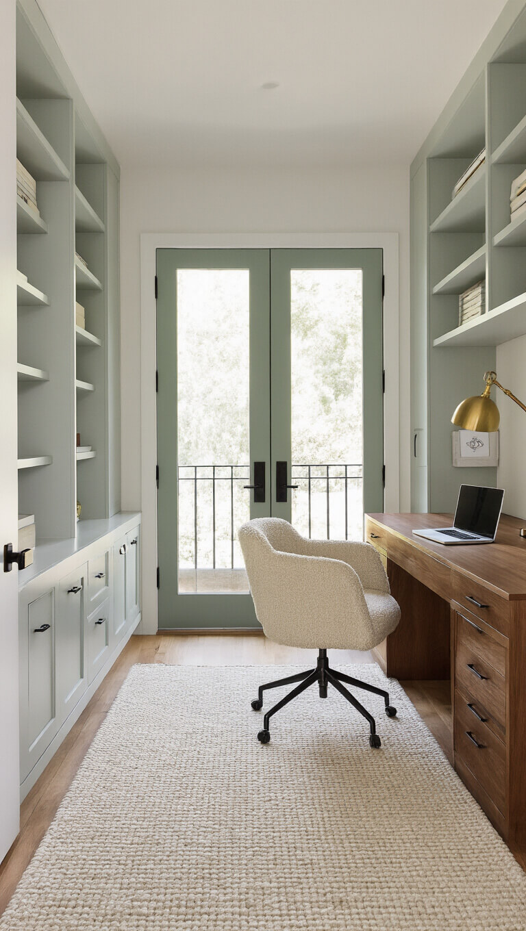 Contemporary 10' x 12' home office with sage green pocket doors, built-in white shelving, walnut mid-century desk, cream bouclé ergonomic chair, brass floor lamp, and ivory rug in morning light.