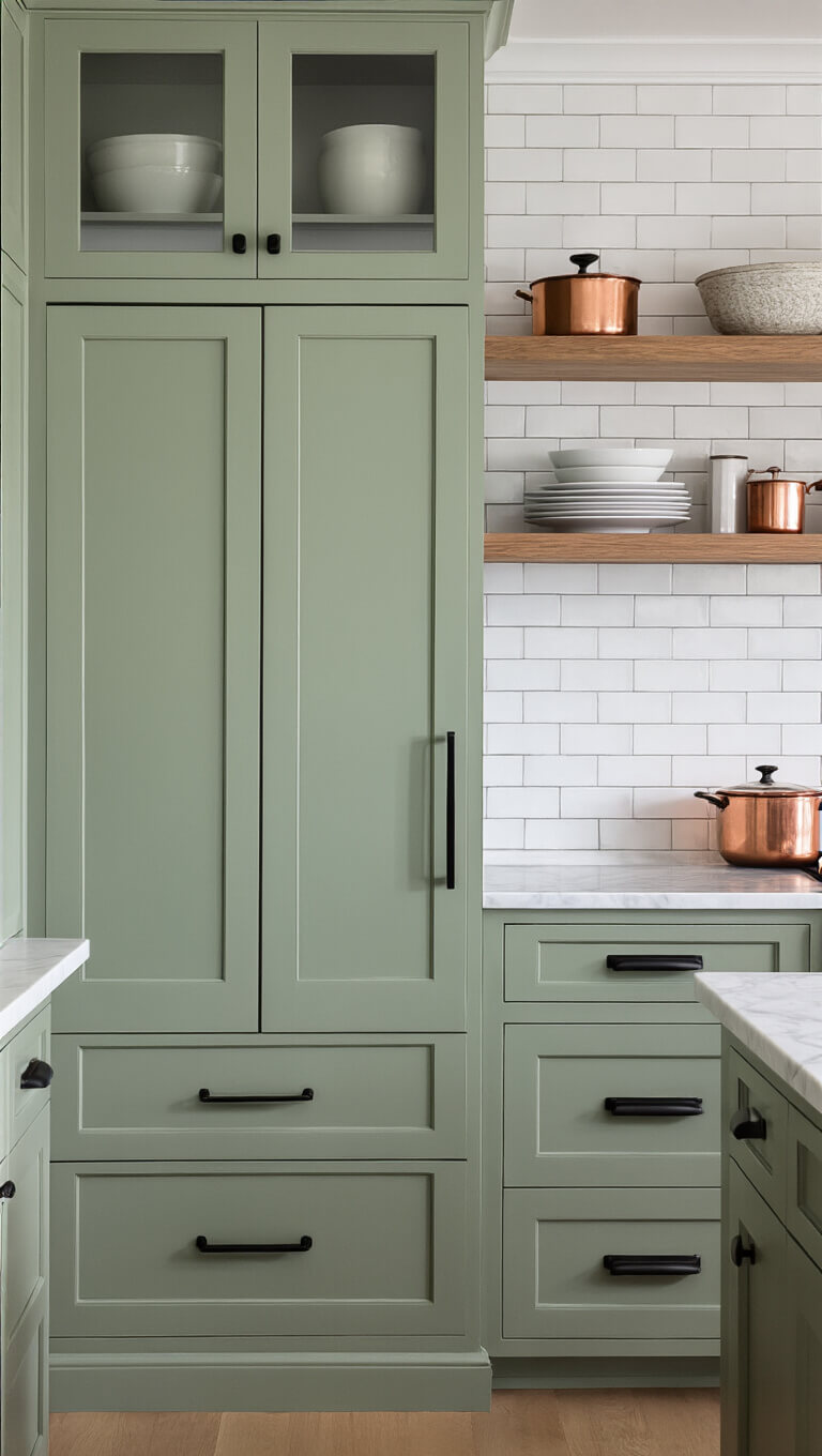 Sage green pantry door with glass panel in transitional kitchen, white marble counters, subway tile backsplash, copper cookware on shelves, mixed natural and LED lighting.