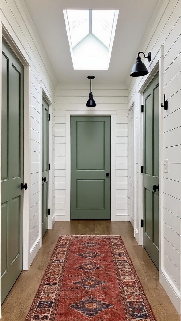 Modern farmhouse hallway with sage green doors, white board and batten walls, dark iron sconces, and a vintage runner in muted reds and blues, viewed straight down with natural skylight above.