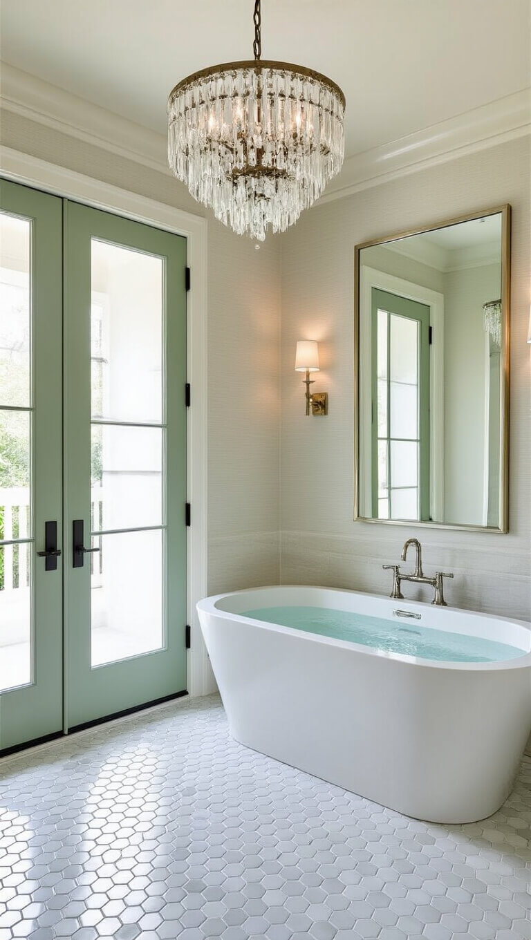 Luxurious primary bathroom with freestanding tub, marble hex tile floor, sage green double doors, crystal chandelier, and soft morning light reflecting in large mirror.