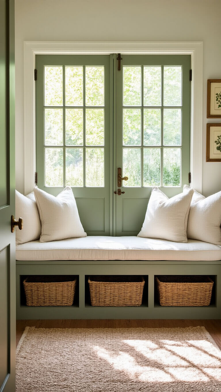 Cozy 8' x 8' reading nook with sage green Dutch door open to garden, built-in window seat with cream cushions, woven baskets below, botanical prints on walls, soft afternoon backlight and dreamy bokeh effect.