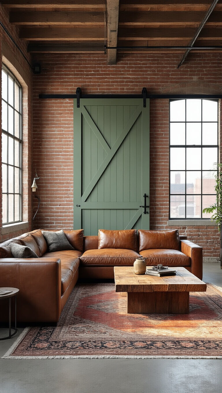Industrial loft living room with sage green sliding barn door, leather sectional, vintage rug, and sunset light through west-facing windows.