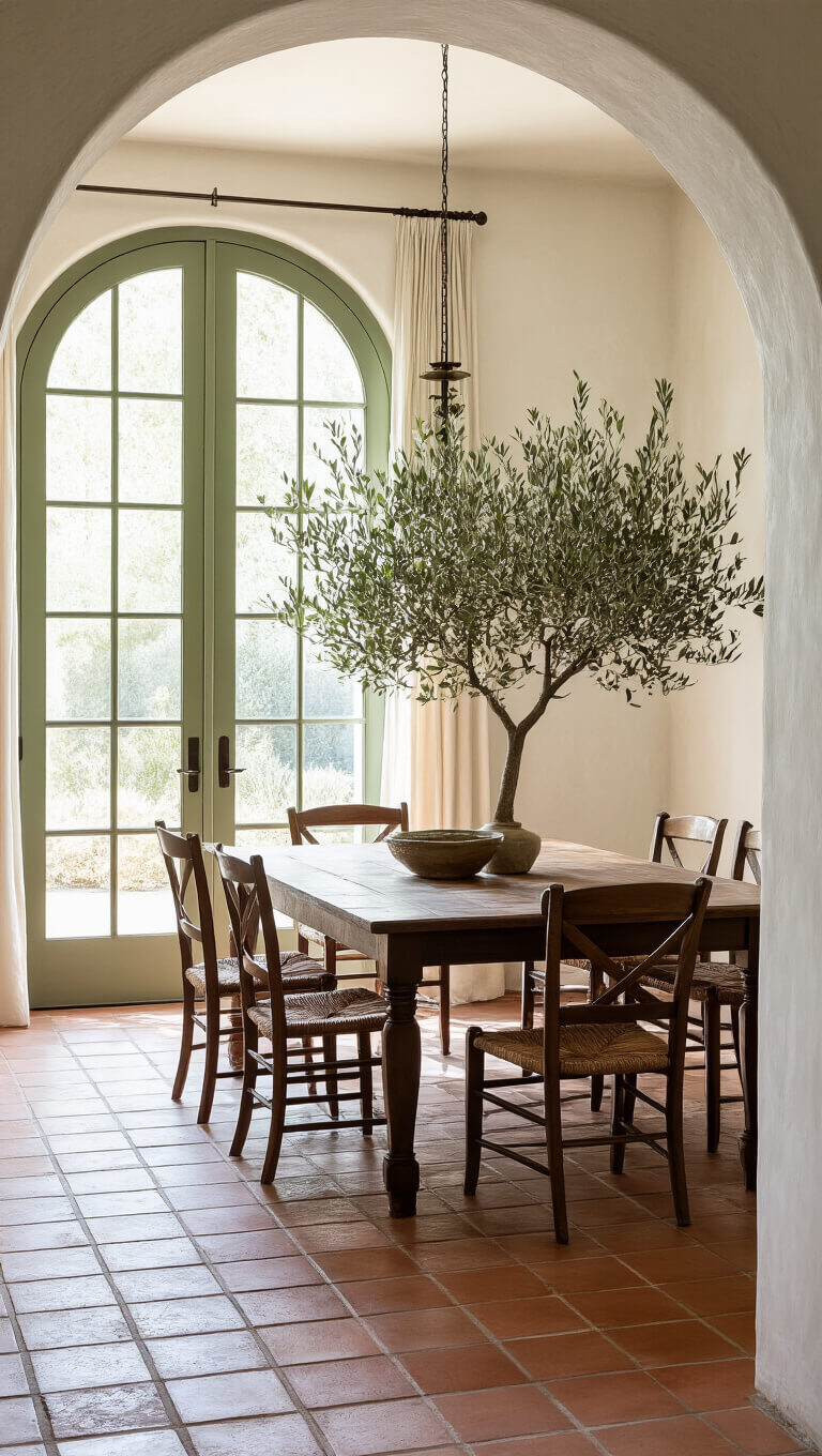 Mediterranean style dining room with terracotta tile floors, dark wood table, vintage chairs, sage green arched double doors, and an olive tree in the corner, lit by midday natural light through sheer curtains.