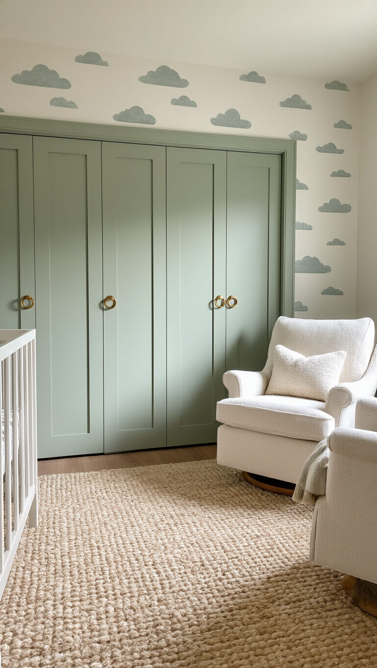 Modern nursery with sage green closet doors, white cloud-patterned walls, acrylic crib, cream bouclé glider, and natural fiber rug in soft morning light.