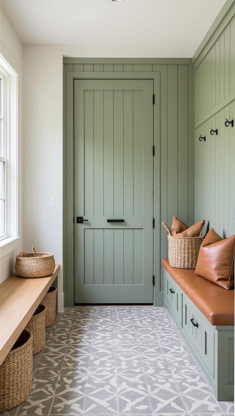 Scandinavian-style mudroom with sage green board and batten door, white oak built-ins, geometric concrete floor tiles, woven baskets, and leather bench cushion, lit by clerestory windows.
