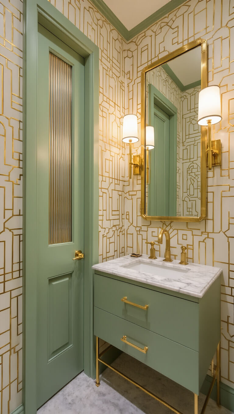 Art Deco powder room with cream and gold geometric wallpaper, marble floating vanity, brass mirror and sconces, sage green door with reeded glass and brass hardware, warm evening lighting.