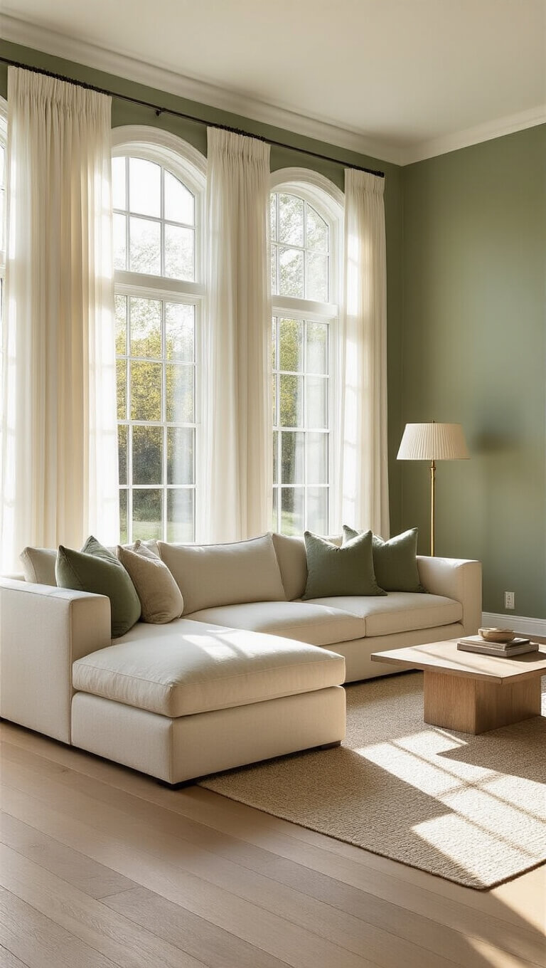 Spacious sage green living room with cream sectional, brass lamp, and golden hour sunlight filtering through sheer curtains onto white oak floors.
