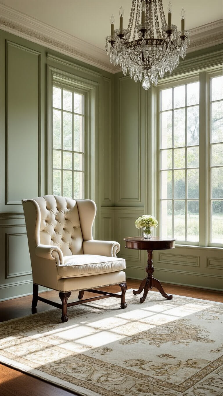 Elegant formal living room with sage green molding, cream velvet wingback chair, Persian rug, and crystal chandelier in soft morning light.